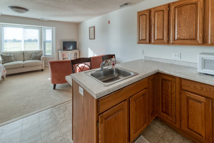 A cozy open-plan kitchen and living room with wooden cabinets and comfortable seating.