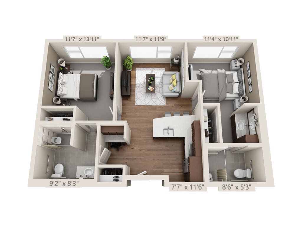 A 3D floor plan of a two-bedroom apartment, showcasing the interior layout and design.