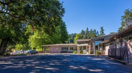 A quaint motel surrounded by lush trees with a spacious parking lot.