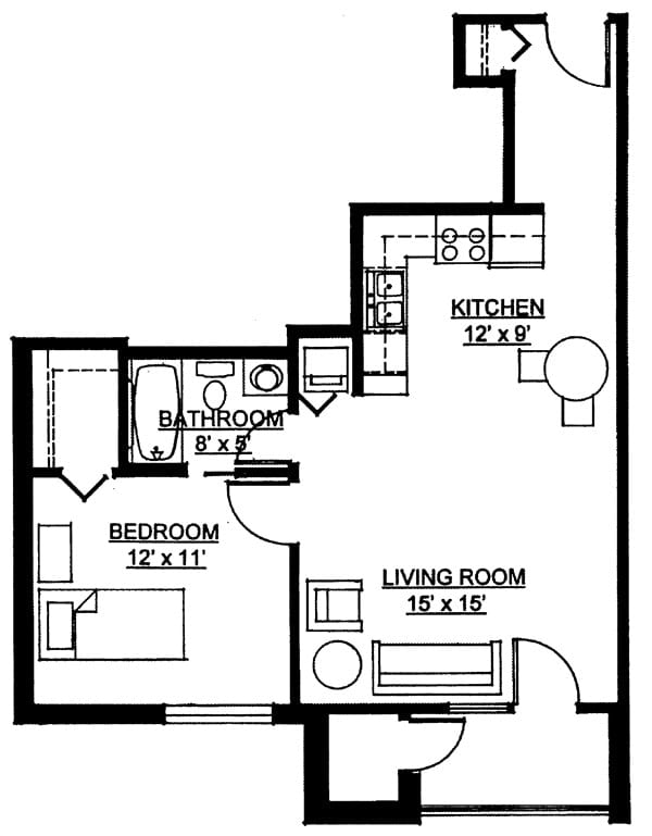 A floor plan of a one-bedroom apartment with designated areas for the living room, kitchen, and bathroom.