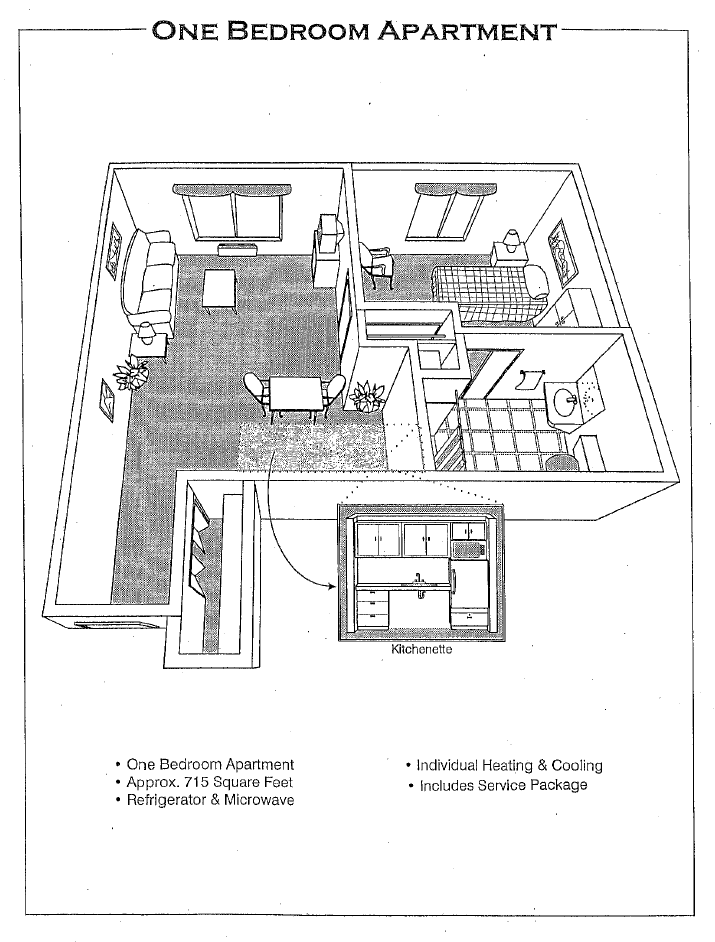 3D floor plan of a one-bedroom apartment featuring living, dining, and kitchen areas.