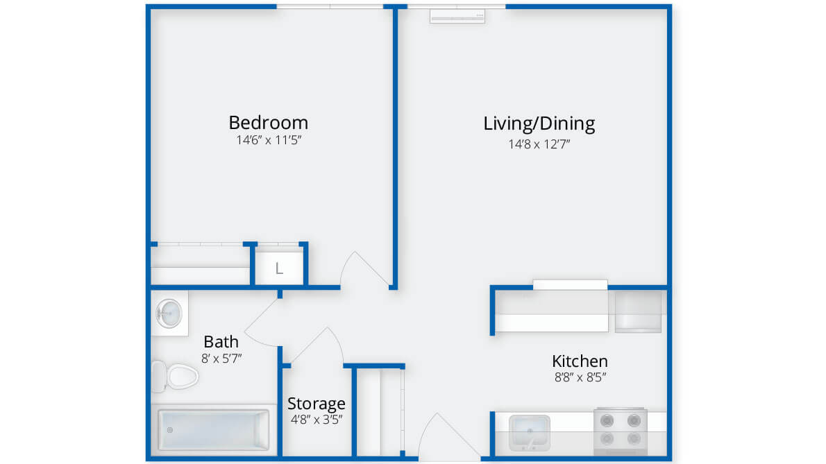 A floor plan of a one-bedroom apartment featuring a bedroom, living/dining area, kitchen, bath, and storage space.