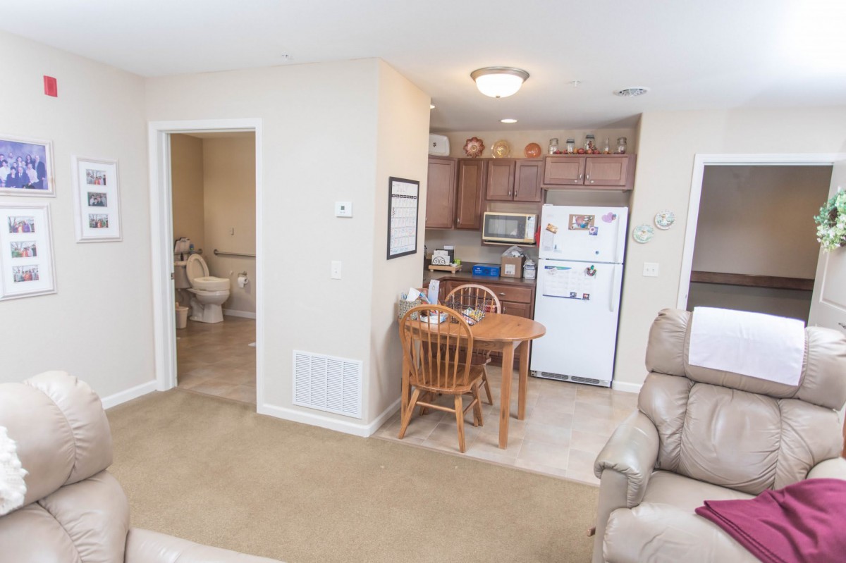 A cozy apartment interior featuring a small kitchen and dining area adjacent to the living room.