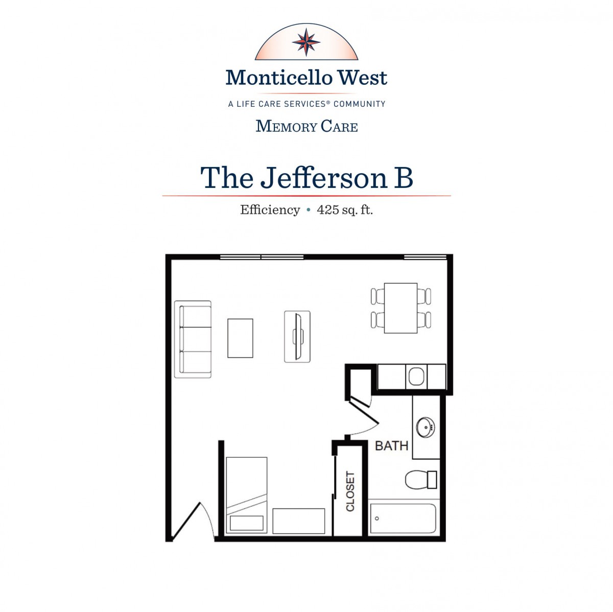 The Jefferson B studio floor plan layout.