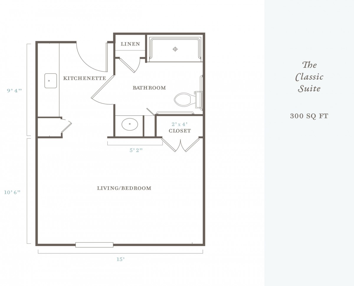 Floor plan of a classic studio apartment layout.
