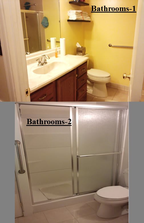 A split view of a bathroom showing a sink, toilet, and shower.