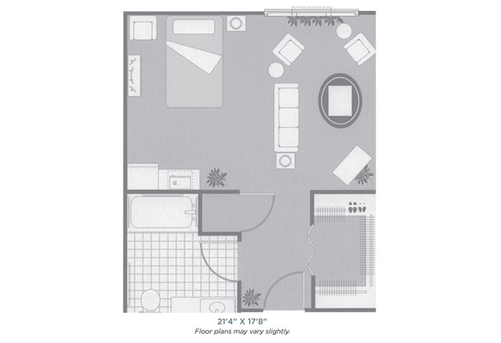 Floor plan of a studio apartment showing the layout of living and sleeping areas.
