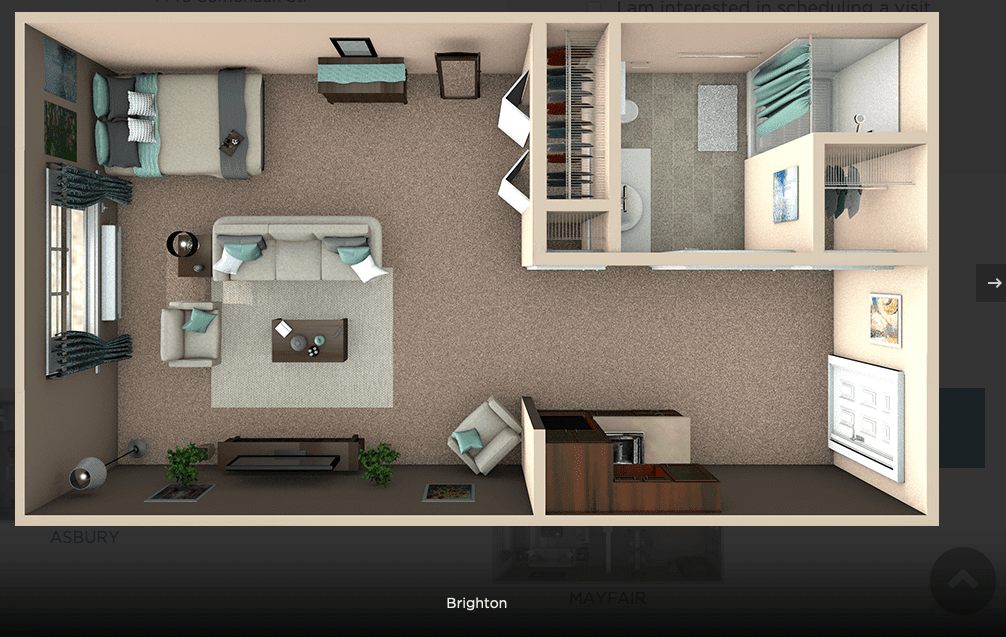 A detailed floor plan of a one-bedroom apartment, featuring a living room, kitchen, and bathroom.