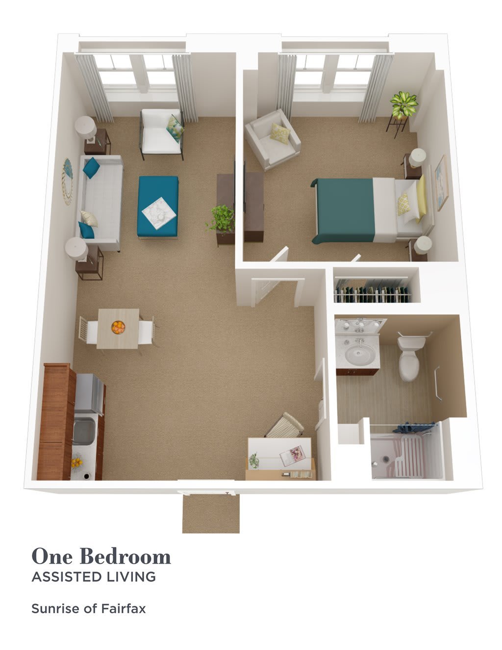 One-bedroom apartment floor plan with a living room, kitchen, and bathroom.