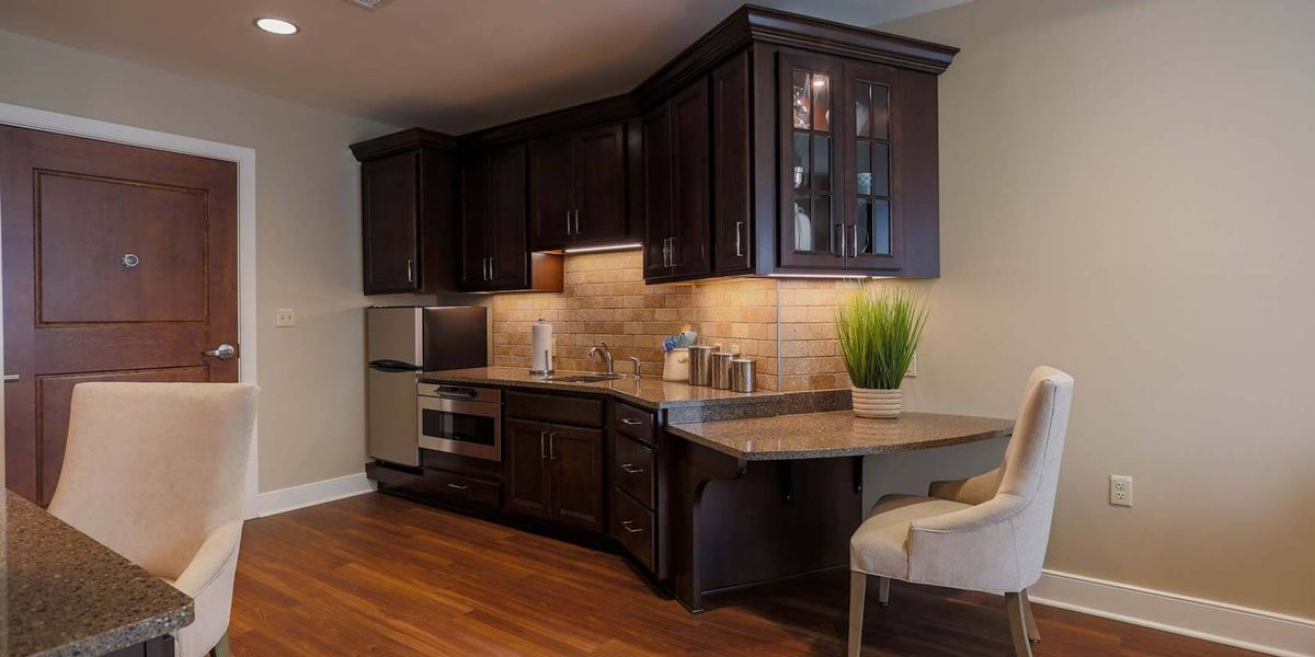 A modern kitchen with dark wood cabinets and a sleek countertop, featuring built-in appliances and stylish decor.