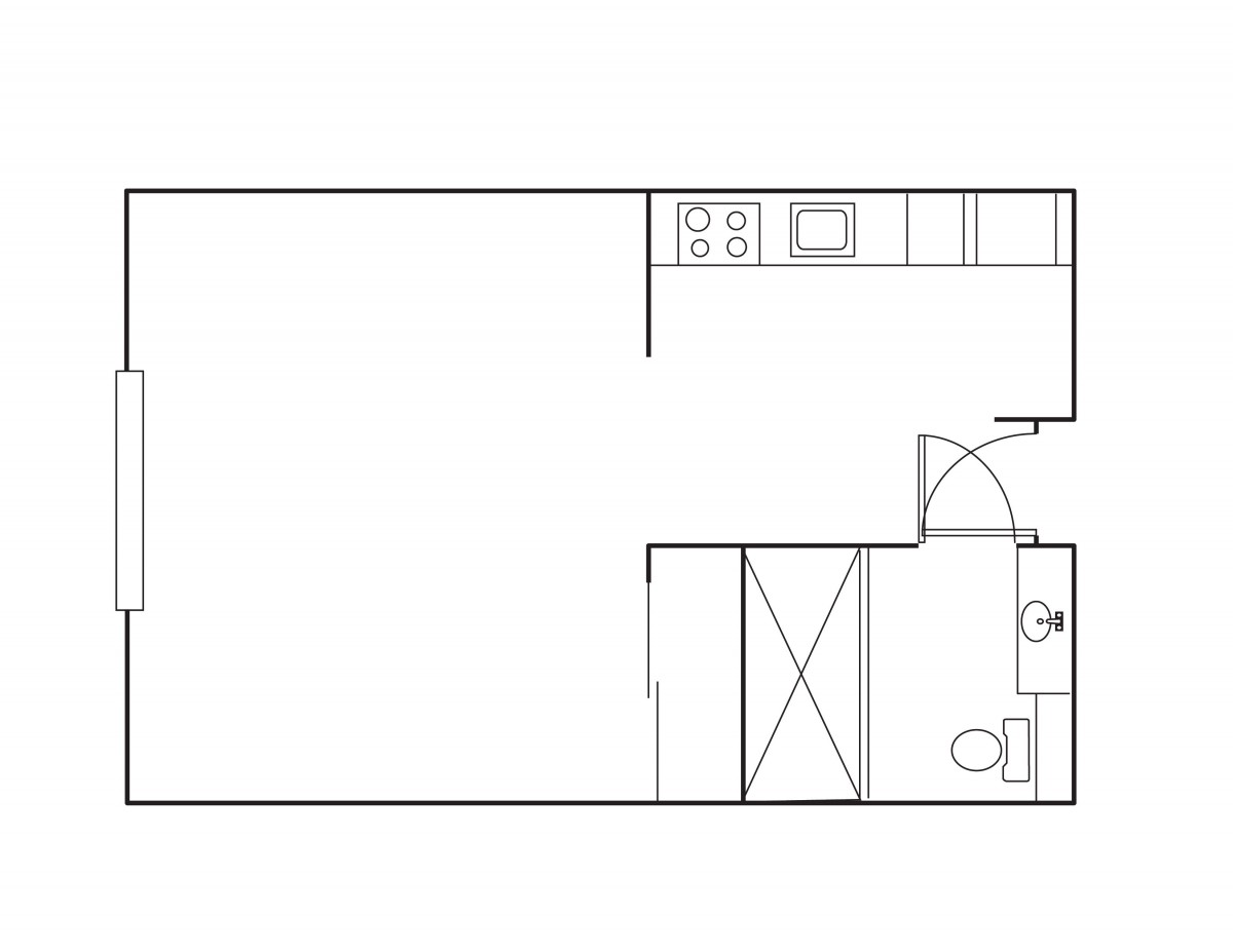 A simple floor plan of an apartment showing a kitchen and bathroom layout.