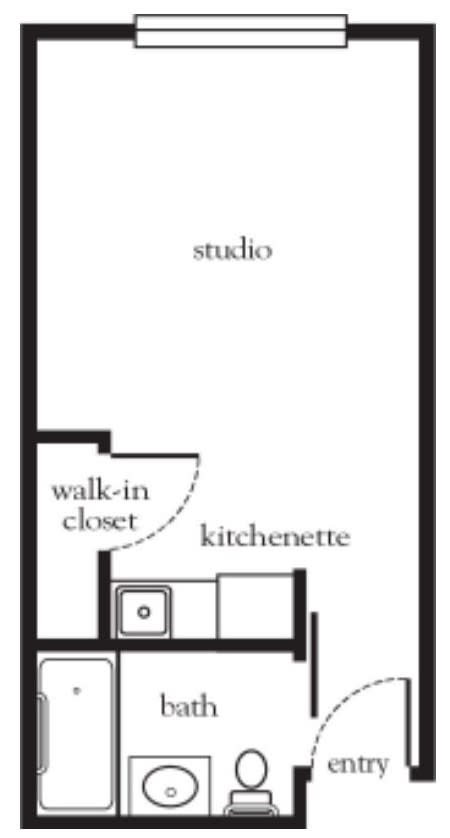 Floor plan of a studio apartment with a walk-in closet and kitchenette.