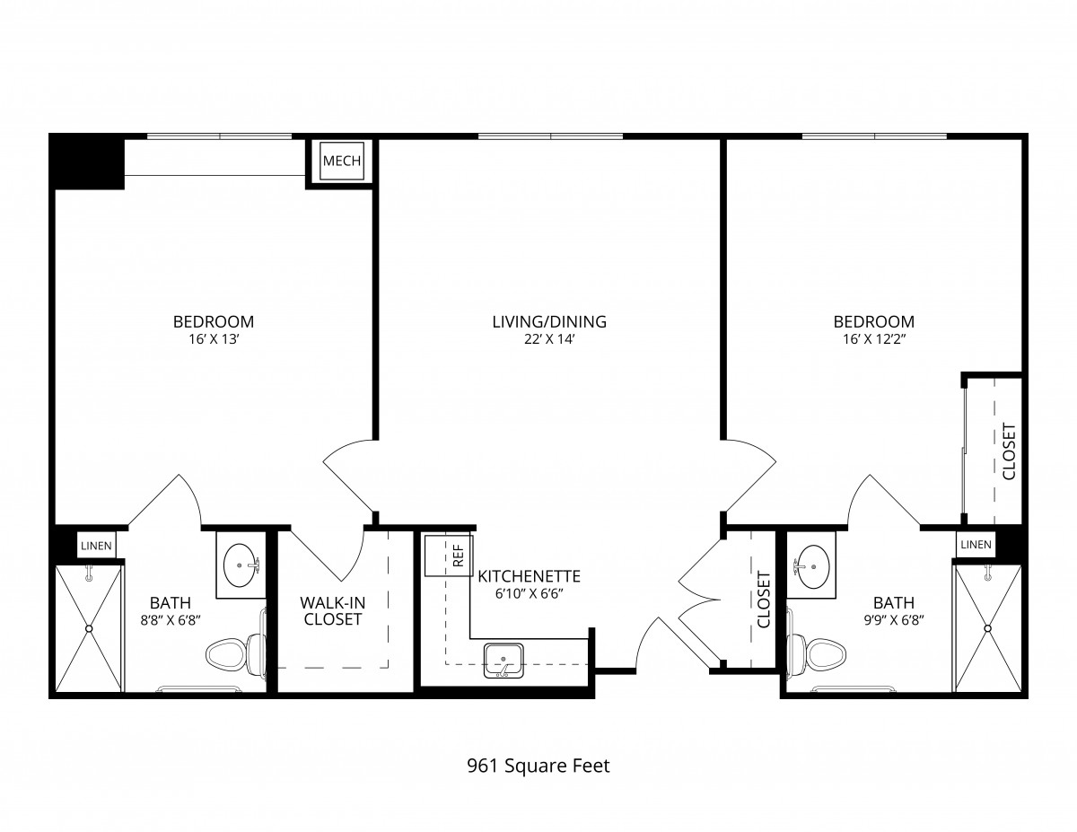 A floor plan of an apartment featuring two bedrooms, a living room, kitchen, and bathrooms.