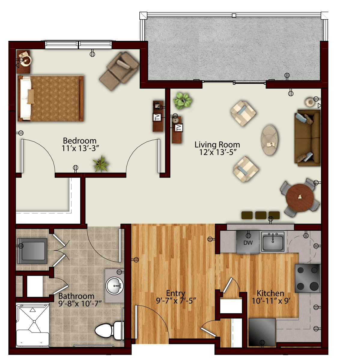 This image shows a floor plan of an apartment featuring a bedroom, living room, kitchen, and bathroom.