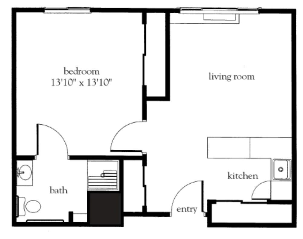 A simple floor plan of an apartment with a bedroom, living room, kitchen, and bathroom.