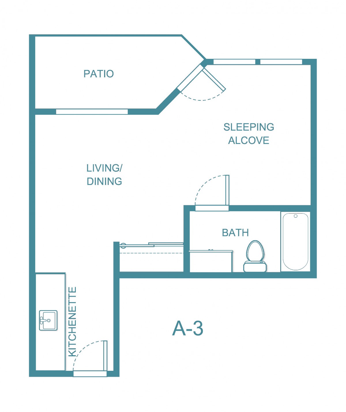 Studio apartment floor plan with a patio, sleeping alcove, and bathroom.