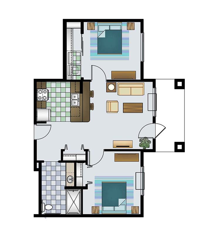A detailed floor plan of a two-bedroom apartment, showcasing the layout including bedrooms, bathrooms, kitchen, and living area.