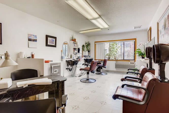 A bright and welcoming barbershop interior with chairs and mirrors, complemented by natural light from a large window.