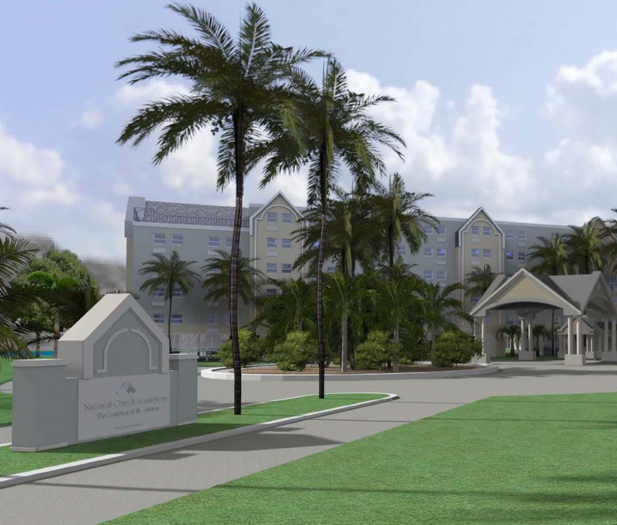 A tropical resort entrance lined with palm trees.