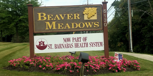 Entrance sign for Beaver Meadows, now part of the St. Barnabas Health System, surrounded by colorful flowers.