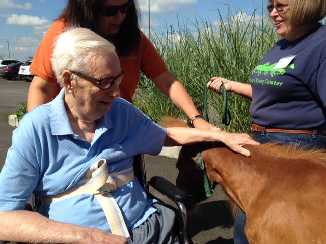 An elderly person in a wheelchair enjoys petting a dog outdoors, with two people assisting.
