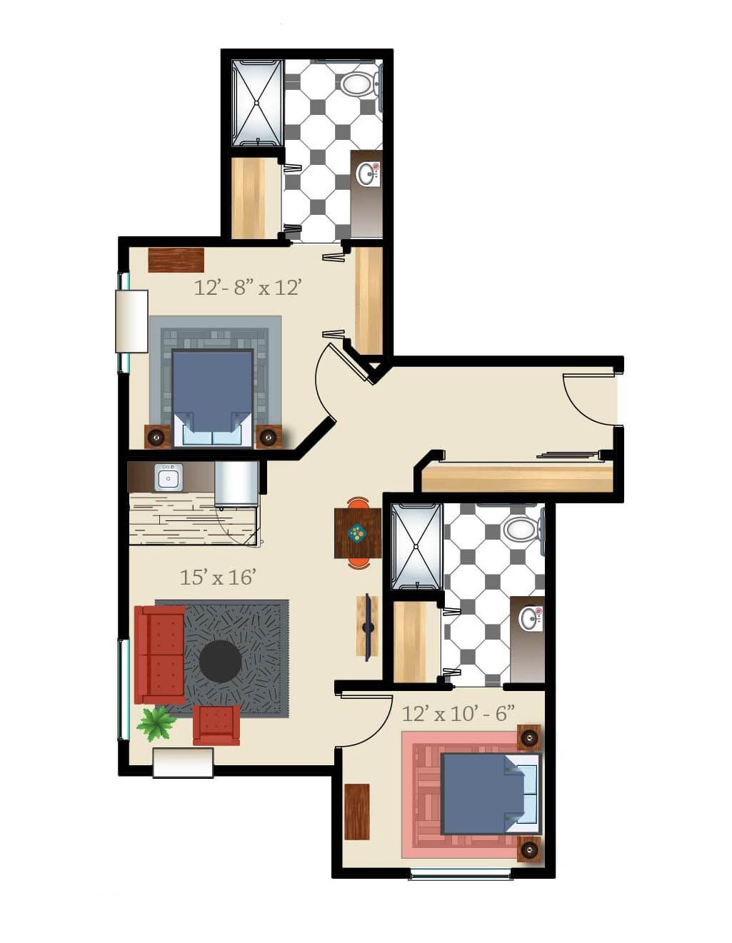 Apartment floor plan with two bedrooms, a living room, kitchen, and bathroom.