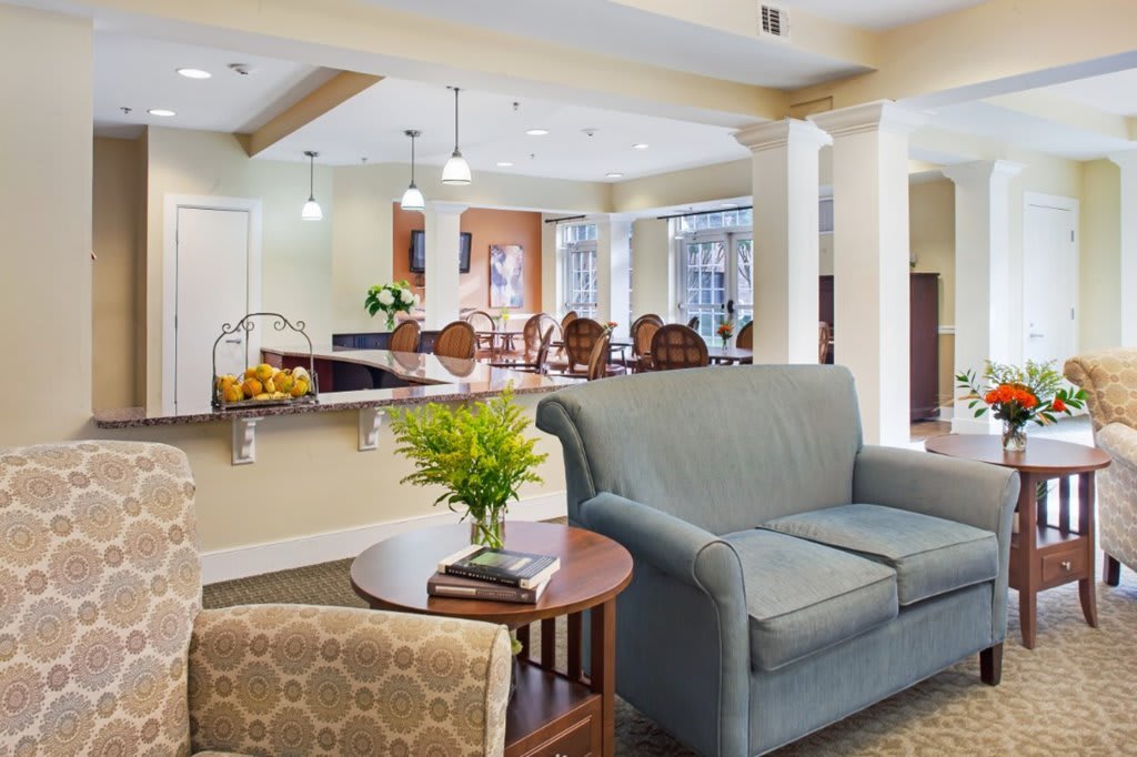 A cozy living room with an open kitchen area, featuring comfortable sofas and elegant dining chairs.