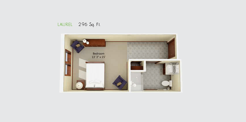 A 296 sq ft floor plan of a studio apartment, including a bedroom and bathroom layout.