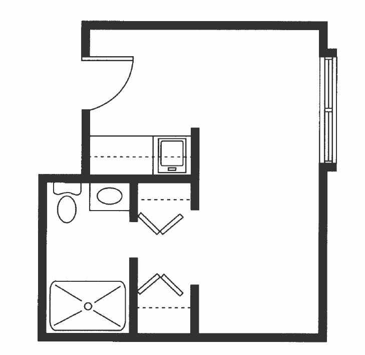 A simple architectural floor plan showcasing the layout of a small apartment or room with bathroom facilities.
