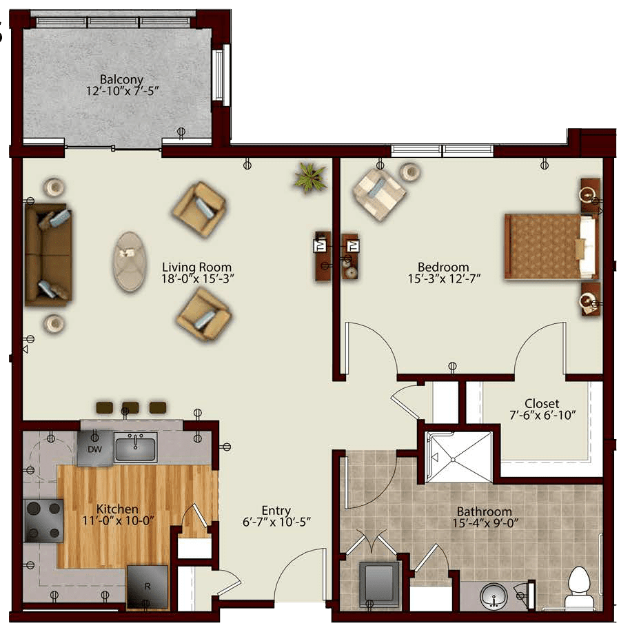 This is a floor plan of an apartment featuring one bedroom, a living room, a kitchen with a dining area, a bathroom, and a balcony.