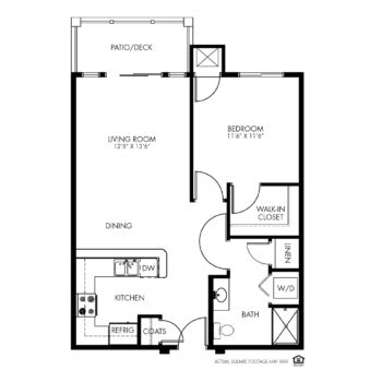 A floor plan of a one-bedroom apartment with designated areas for the living room, kitchen, and bathroom.