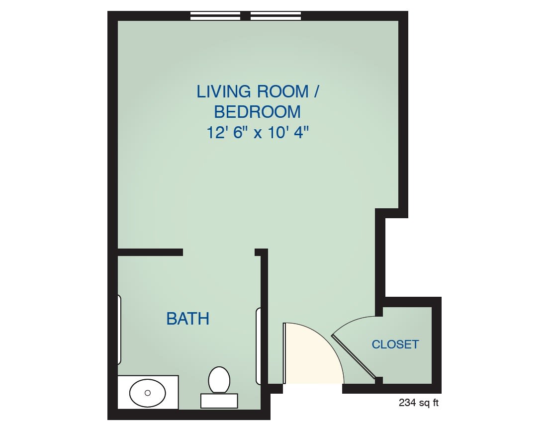 A floor plan of a small studio apartment with combined living and bedroom space, bathroom, and closet.