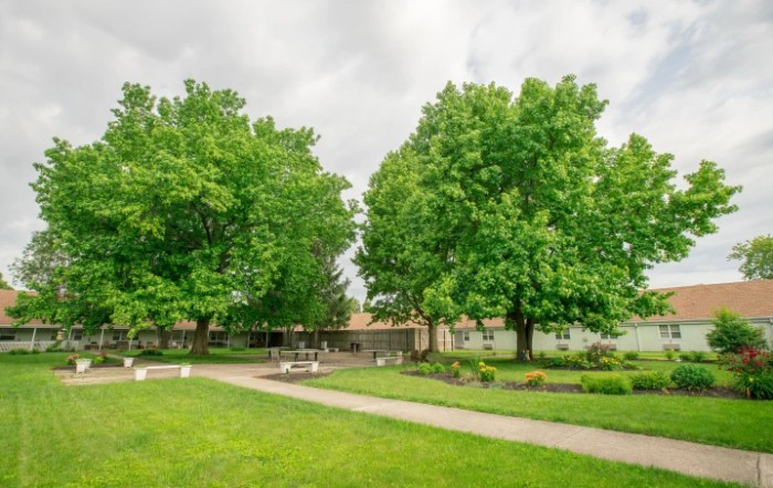 A scenic view of a lush green park with trees and a paved pathway.
