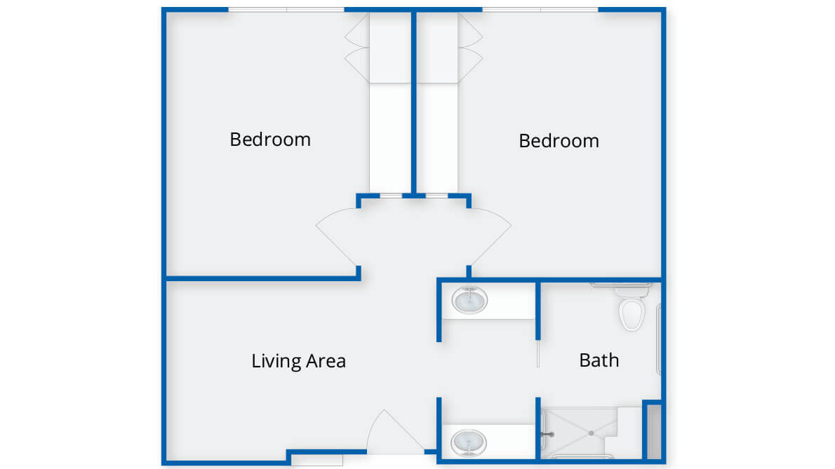 This image shows the floor plan of an apartment with two bedrooms, a living area, and a bathroom.
