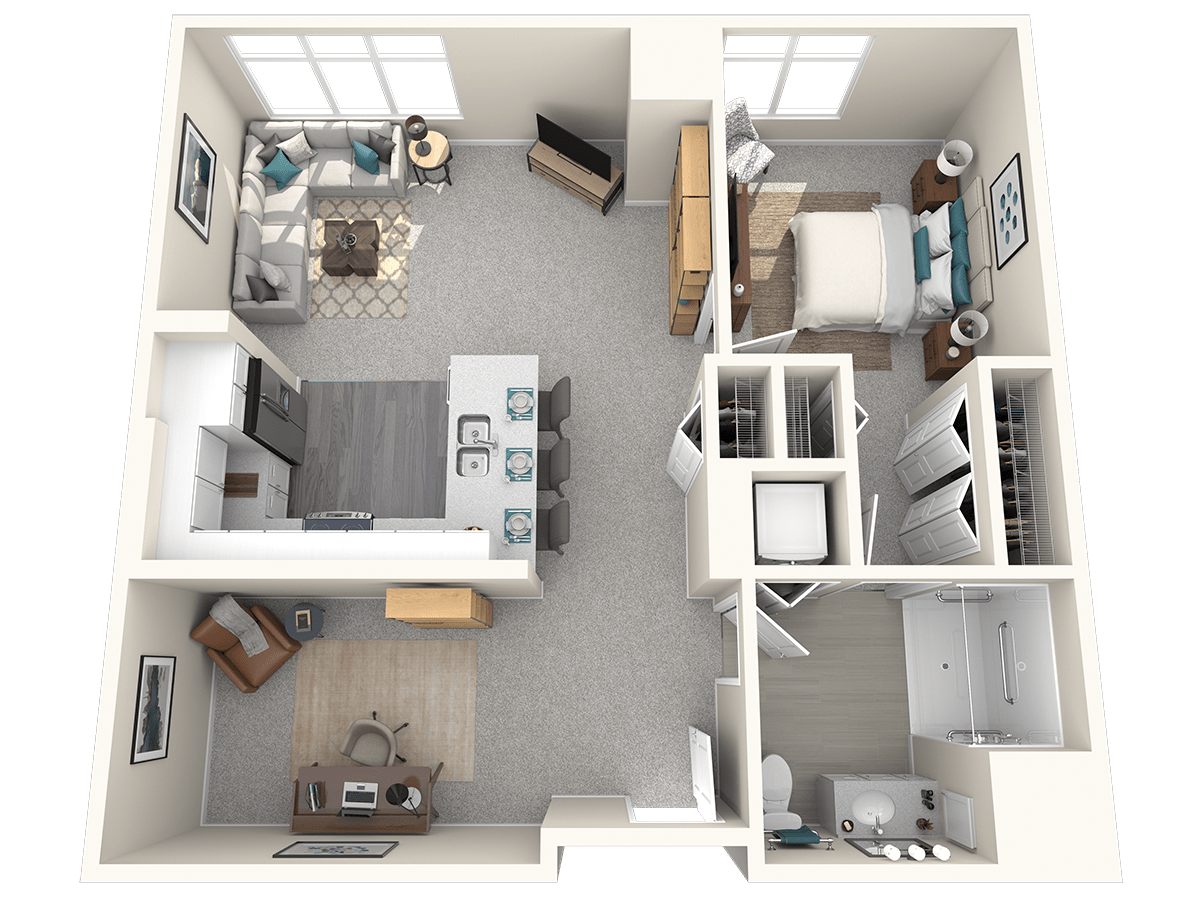 A 3D floor plan of a one-bedroom apartment including a living room, kitchen, and bathroom.