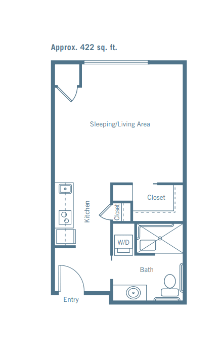 Studio apartment floor plan with living area, kitchen, bathroom, and closet.
