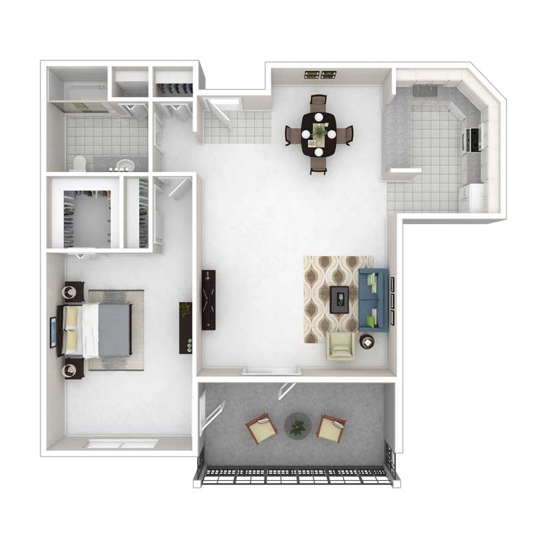 A floor plan of a one-bedroom apartment featuring a living room, kitchen, dining area, and balcony.