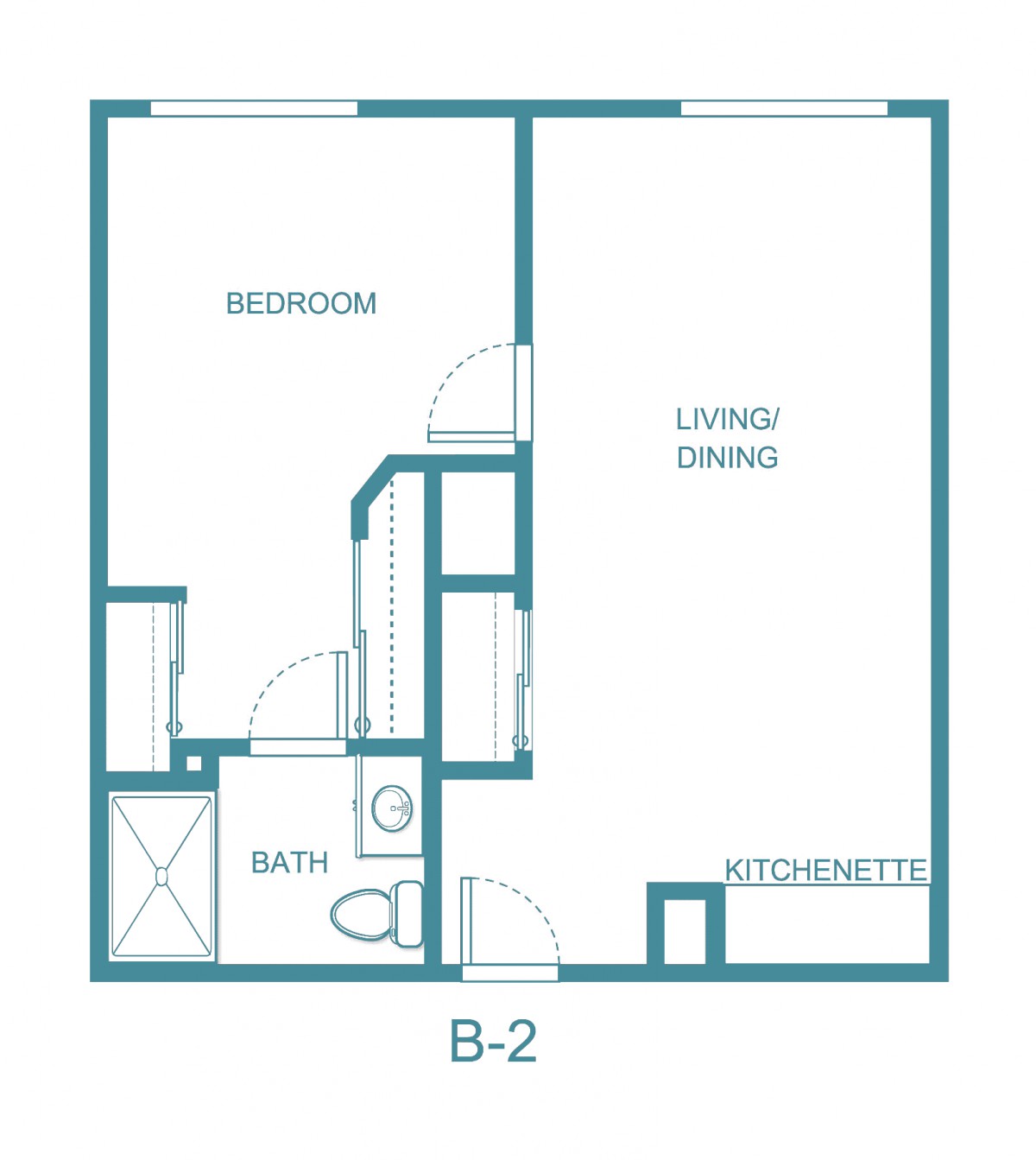 A floor plan of a one-bedroom apartment featuring a living/dining area, kitchen, and bathroom, labeled as B-2.
