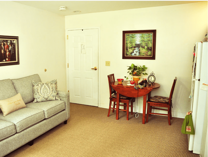 A cozy living room features a gray sofa, a round wooden table with chairs, and a framed painting on the wall.