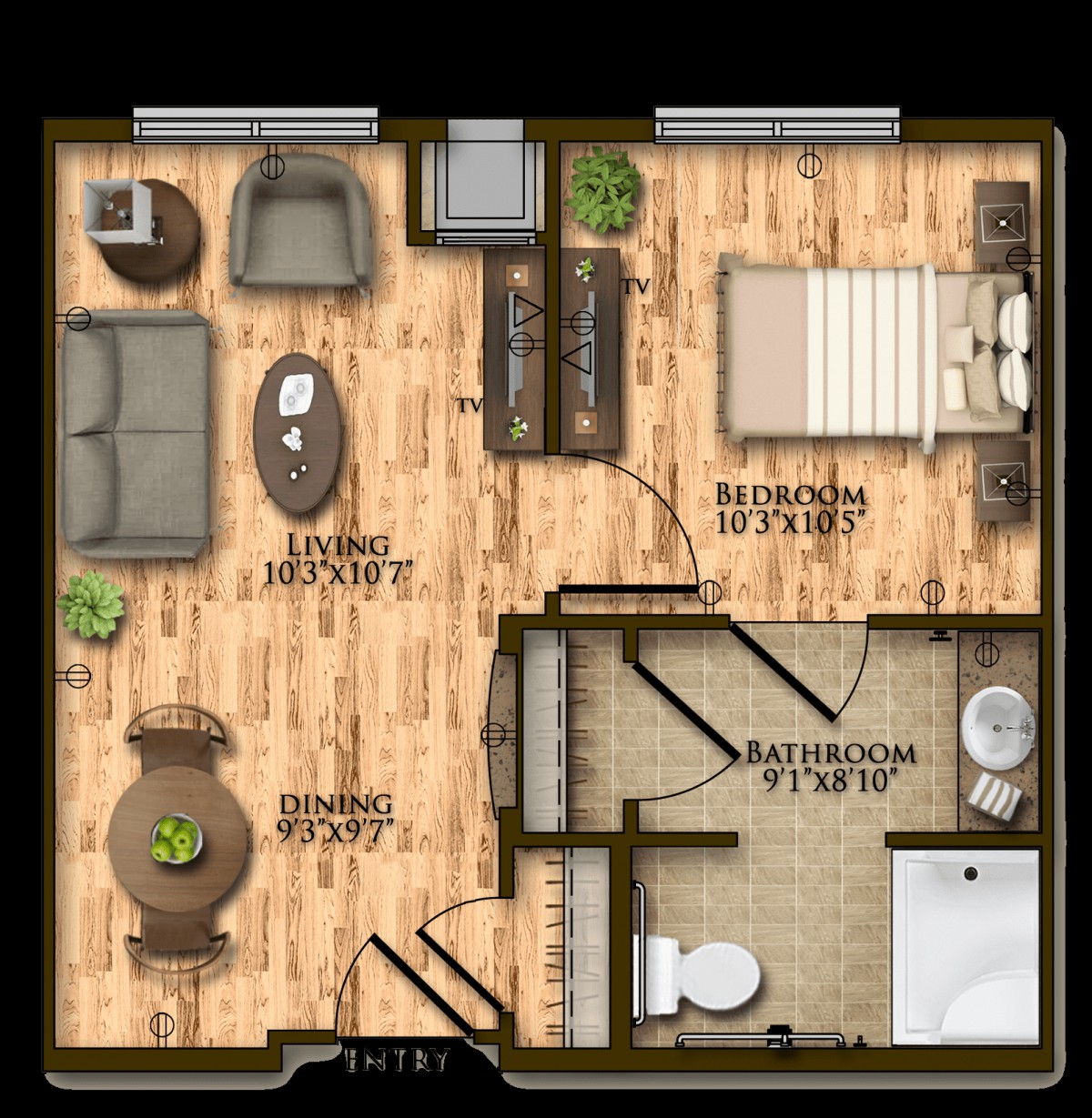 A detailed floor plan of a one-bedroom apartment featuring a living room, kitchen area, bedroom, and bathroom.