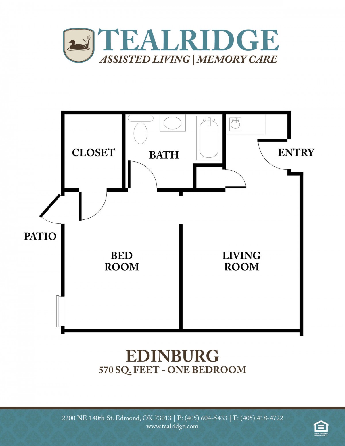 Edenburg one-bedroom apartment floor plan for assisted living.