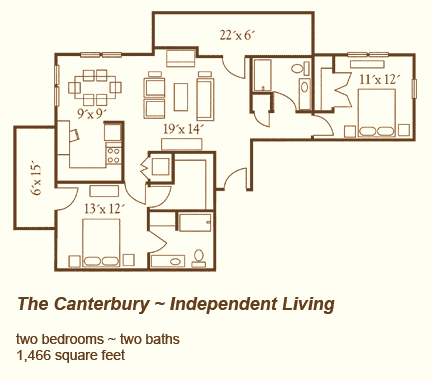 The Canterbury Independent Living floor plan featuring two bedrooms, two bathrooms, and a spacious layout of 1,485 square feet.