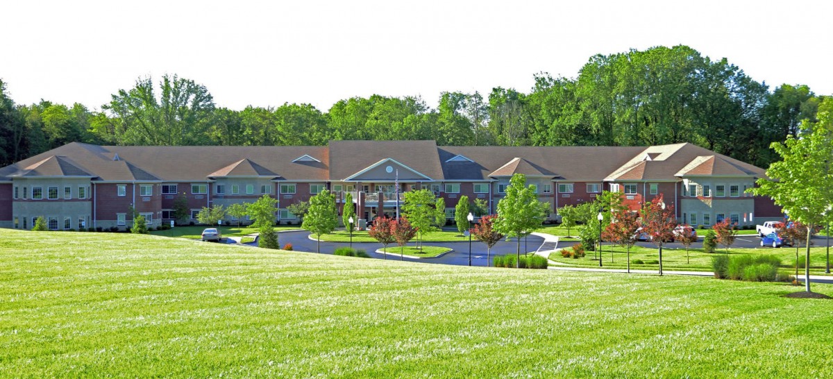 A scenic view of a suburban neighborhood with well-maintained lawns and surrounding trees.
