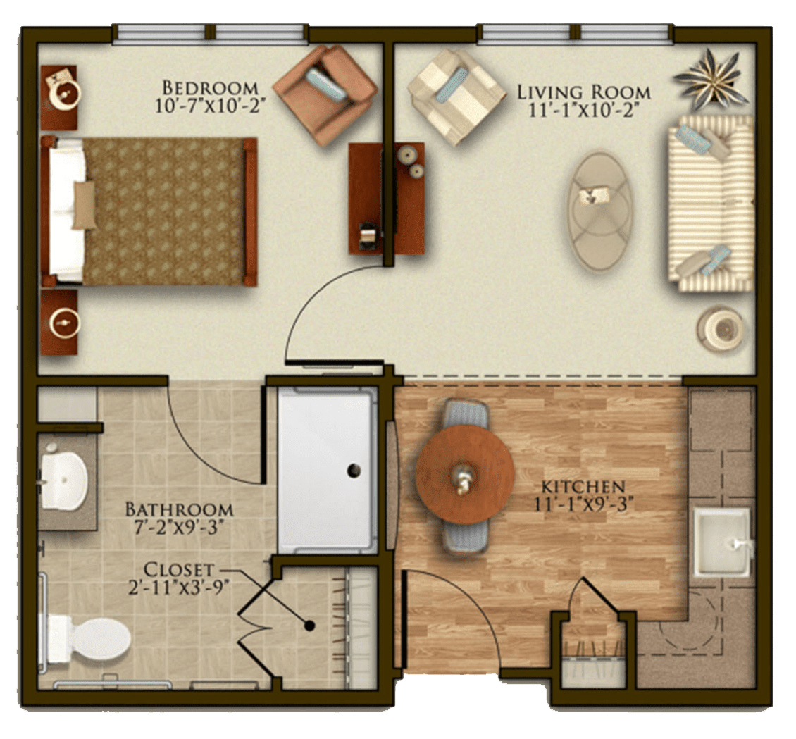 A floor plan showing the layout of a small apartment with a bedroom, living room, dining area, kitchen, and bathroom.