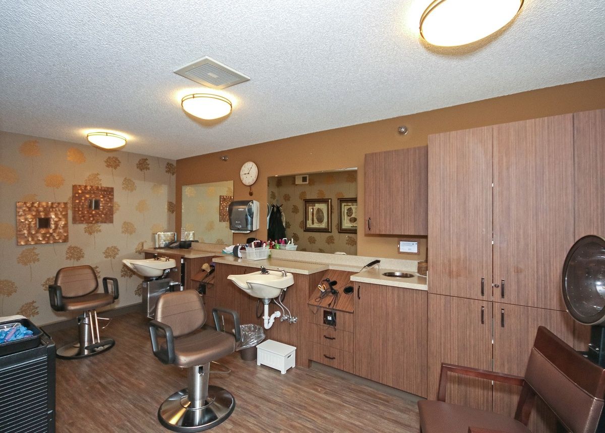 Cozy barbershop interior with chairs, mirrors, and sinks for hair styling.