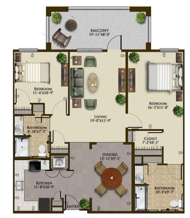 This is a floor plan of an apartment featuring two bedrooms, a living room, kitchen, dining area, bathroom, and a balcony.