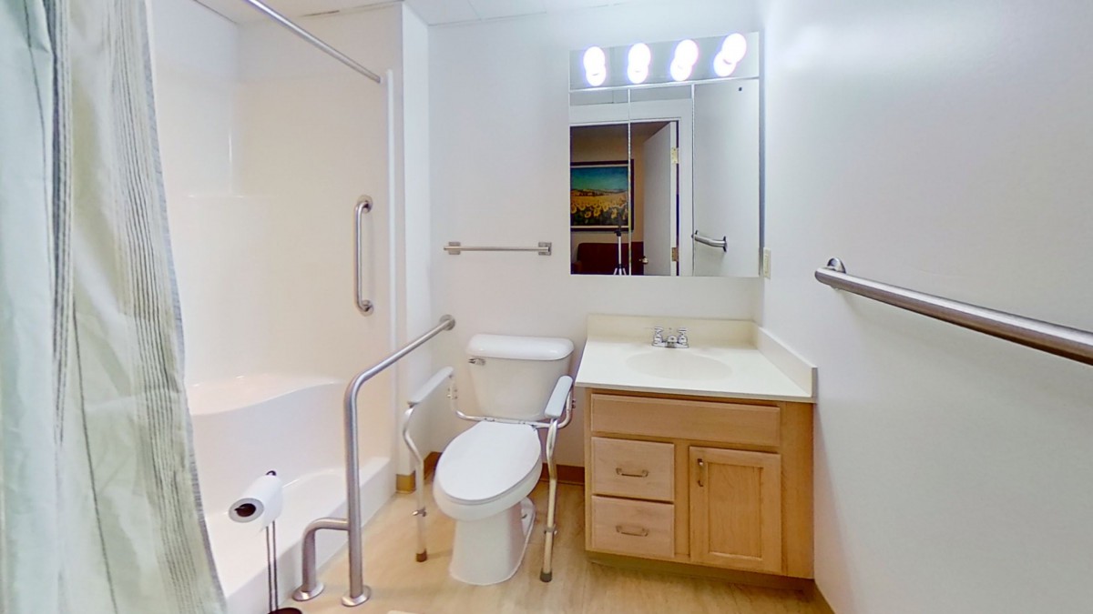 A modern bathroom featuring a toilet, sink with vanity, mirror, bathtub, and grab bars for accessibility.