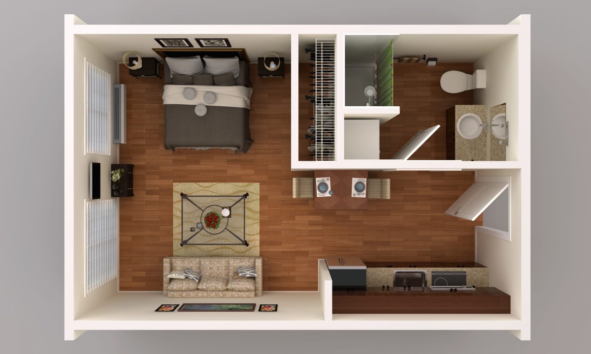 A 3D floor plan of a one-bedroom apartment featuring a bedroom, living area, kitchen, and bathroom.