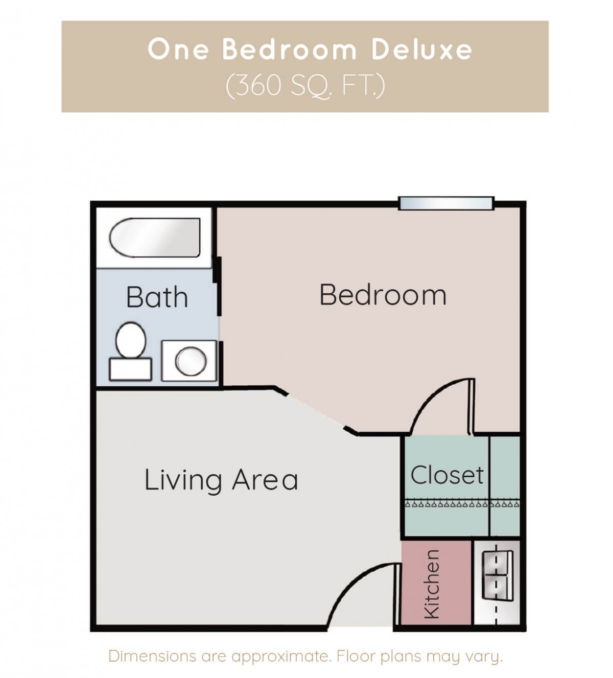 Floor plan of a one-bedroom deluxe apartment.