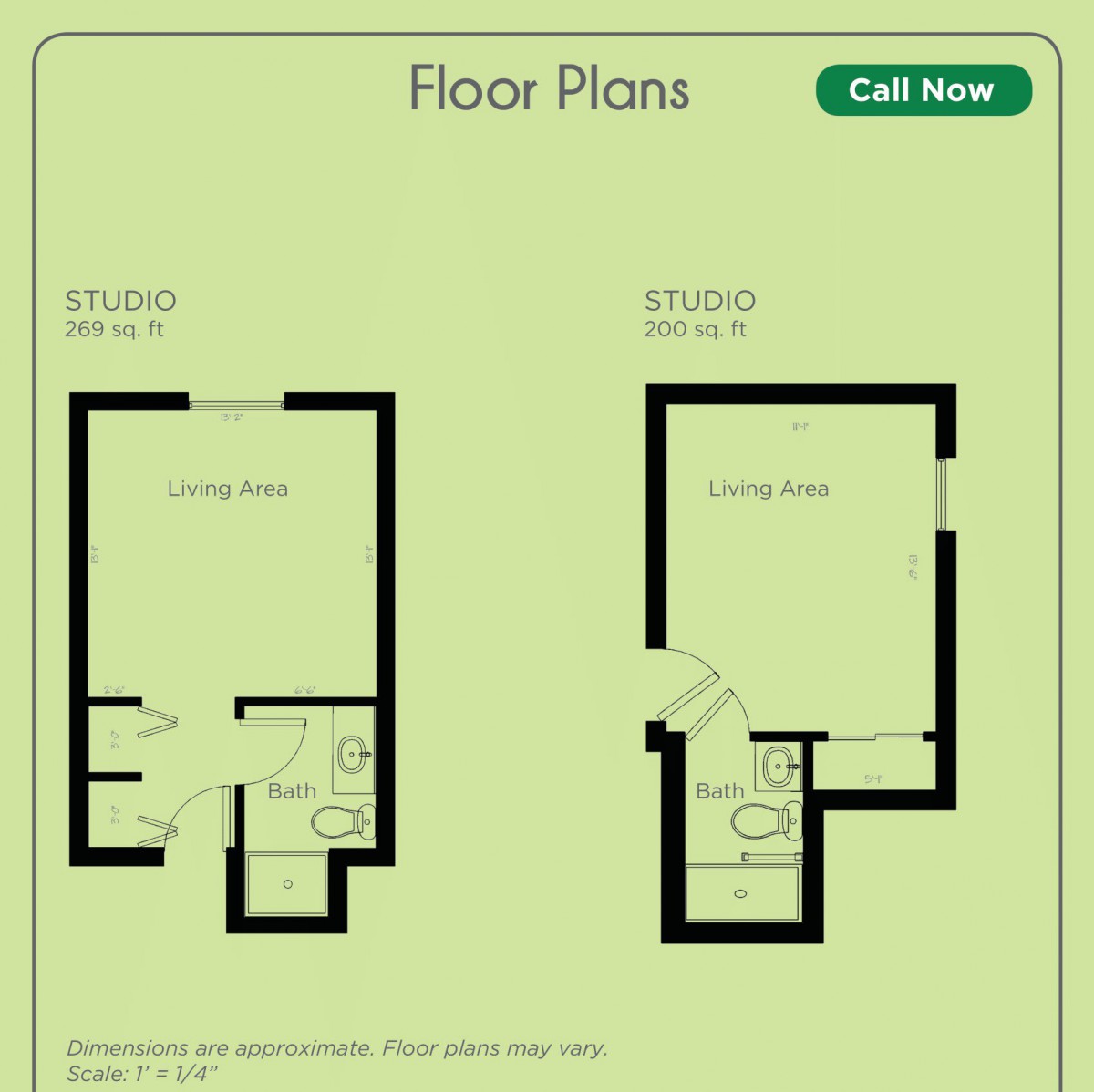 Studio apartment floor plans showcasing two different layouts.